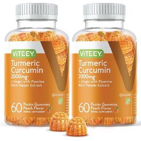 Turmeric Curcumin Gummies with Ginger & Black Pepper Herbal Supplement, 2000mg, Immune Support, Healthy Skin, and Joint Health, Vegan, Pectin Based, For Adults And Teens - Chewable Peach Flavor Gummy in Saudi Arabia
