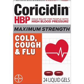 Coricidin HBP, Decongestant-Free Cold Symptom Relief for People with High Blood Pressure, Maximum Strength, Flu & Chest Congestion Liquid Gels, 24 Count