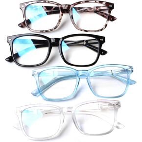 Henotin 4-Pack Blue Light Blocking Reading Glasses Women Men,Spring Hinge Computer Readers,Anti UV Ray Square Nerd Eyeglasses (4 Mixed Color, 0.00)