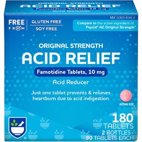 Rite Aid Acid Reducer, Original Strength Famotidine Tablets, 10 mg - 30 Count Total | Heartburn Relief | Acid Reflux | Antacid Chews & Tablets, Heartburn Chews & Tablets