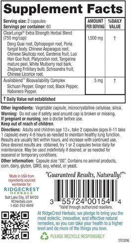 RidgeCrest Herbals ClearLungs قوة إضافية، مزيل احتقان عشبي، 60 كبسولة نباتية in Kuwait