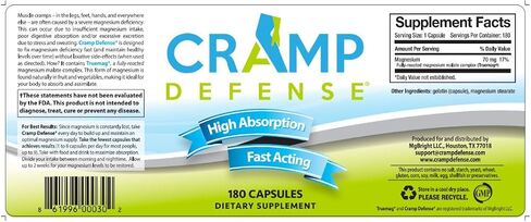 Cramp Defense® Magnesium for Leg Cramps, Muscle Cramps & Muscle Spasms. End Them Fast and Permanently. Organic Magnesium, Non-Laxative, NO Magnesium Oxide OR Herbs! Big 180 Capsule Bottle. in Saudi Arabia