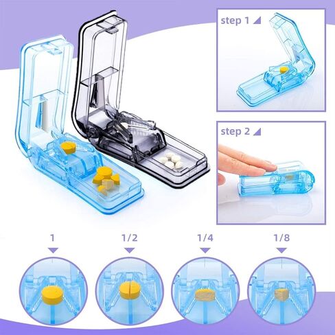 قطاعة حبوب الدواء من قطعتين - مقسم حبوب مع شفرة من الستانلس ستيل لقطع الحبوب الصغيرة او الحبوب الكبيرة الى النصف، حبوب سهلة القطع للاقراص والفيتامينات والادوية الكبيرة. (ازرق فاتح + اسود فاتح) in Kuwait