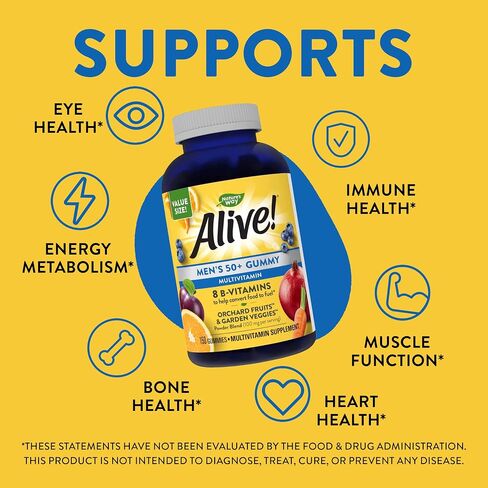 Nature's Way Alive! Men’s 50+ Daily Gummy Multivitamins, Supports Healthy Brain, Eyes, Heart*, B-Vitamins, Gluten-Free, Vegetarian, Fruit Flavored, 60 Gummies (Packaging May Vary) in Kuwait