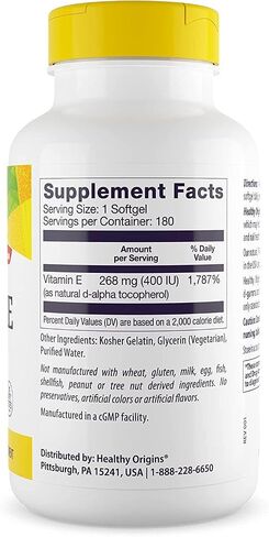 Healthy Origins Vitamin E, 400 IU with Naturally Sourced Mixed Tocopherols - Vitamin E Supplement - Non-GMO & Gluten-Free Skin, Hair, & Nails Vitamin - 90 Softgels in Kuwait