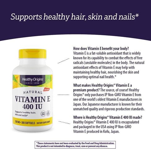 Healthy Origins Vitamin E, 400 IU with Naturally Sourced Mixed Tocopherols - Vitamin E Supplement - Non-GMO & Gluten-Free Skin, Hair, & Nails Vitamin - 90 Softgels in Kuwait