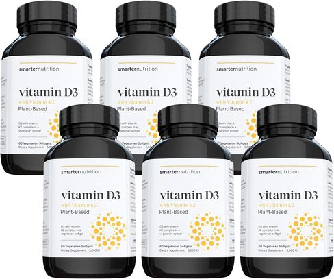Plant-Based Vitamin D3 Immune Support with Vegan K2 Complex in a Vegetarian Softgel - Includes 5,000 IU of Vitamin D for Immunity Boost, Complete Bone Health & Arterial Protection (6, D3+K2) in Kuwait