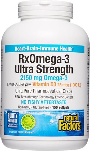 Natural Factors, Ultra Strength RxOmega-3 Fish Oil with Vitamin D3, High Potency Formula, 2,150 mg Omega-3 Per Serving, No Fishy Aftertaste, 150 Count (Pack of 1) in Saudi Arabia