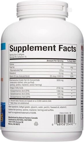 Natural Factors, Ultra Strength RxOmega-3 Fish Oil with Vitamin D3, High Potency Formula, 2,150 mg Omega-3 Per Serving, No Fishy Aftertaste, 150 Count (Pack of 1) in Saudi Arabia