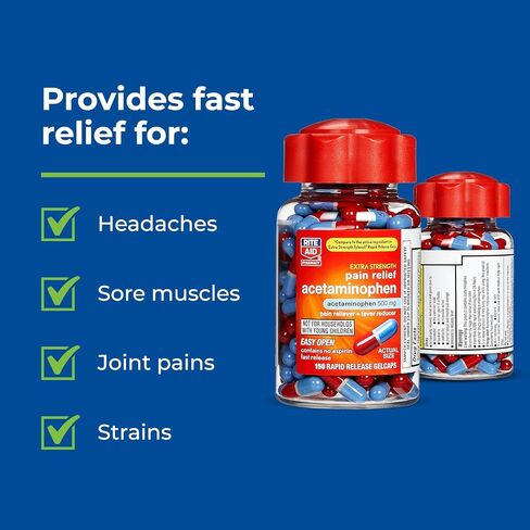 Rite Aid Extra Strength 500 mg Acetaminophen Pain Relief, Rapid Release Gelcaps - 150 Count | Pain Reliever, Joint Pain Relief | Muscle, Arthritis, Back Pain Relief Products in Saudi Arabia