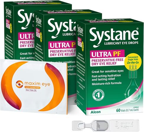 مجموعة مكسيم للعين، متوافقة مع قطرات العين، قطرات العين الخالية من مواد التشحيم فائقة الحافظة. صندوقان يحتوي كل منهما على 60 قارورة من قطرات العين فائقة التشحيم (إجمالي 120 قارورة) + 1 منديل جفن بزيت شجرة الشاي in Kuwait