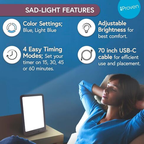 iProven Light Therapy Lamp, 12 000 lux lamp, 3 Colors, Blue & White Light, 15 Light Modes, Timer Function, Portable in Kuwait