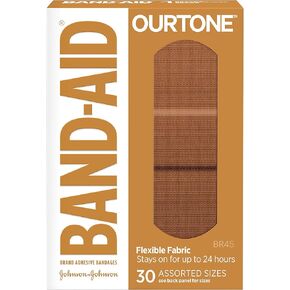 Band-Aid Brand Ourtone Flexible Fabric Adhesive Bandages Flexible Protection Care of Minor Cuts Scrapes QuiltAid Pad for Painful Wounds Assorted Sizes, Br45, 30 Count