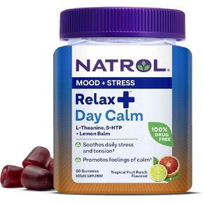 Natrol Relax + Day Calm With L-Theanine, 5-HTP and Lemon Balm, Drug-Free Dietary Supplement for Mood and Stress, 60 Tropical Fruit Punch-Flavored Gummies, 30 Day Supply in Saudi Arabia