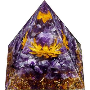 Orgone Pyramid, Metaphysical Amethyst Crystal Pyramid with Flower of Life, Positive Energy Generator Healing Crystal orgonite for Love and Lucky