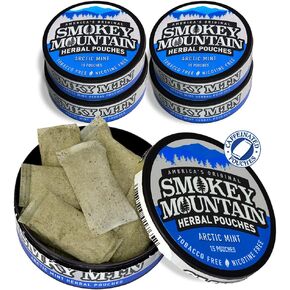 Smokey Mountain Caffeinated Pouches - Arctic Mint - Tobacco Free and Nicotine Free - 5 Can Box - 15 Pouches Per Can