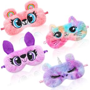 4 Pack Plush Sleep Eye Mask Sleeping Mask Sleep Eye Mask Cute Animal Eye Mask Soft Faux Fur Eye Blindfold for Kids Girls and Adult Travel (Classic Style)