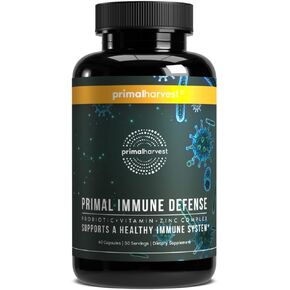 Primal Harvest Primal Immune Defense 10 في 1 مكمل لدعم المناعة 60 كبسولة من الفيتامينات المناعية، مع 7 مليار CFU Pre والبروبيوتيك والزنك وVIT C وB6 وD3 وK2 - معززات المناعة للبالغين