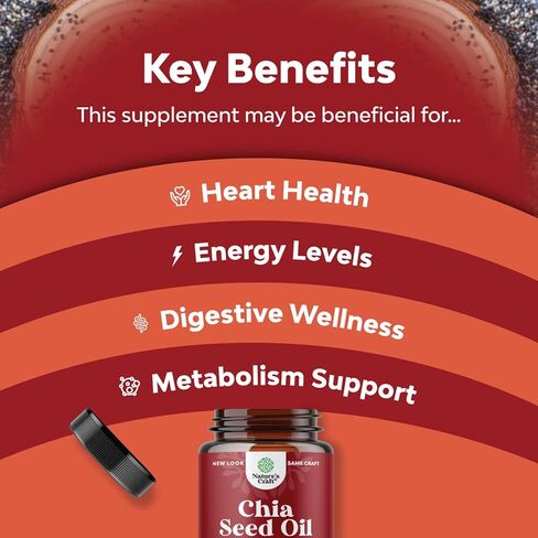 مكمل زيت بذور الشيا لفقدان الوزن والطاقة، معزز استقلاب البروتين الطبيعي الفائق للرجال والنساء - فيتامينات التربتوفان المضادة للأكسدة، أوميغا 3، الأحماض الدهنية، 60 حصة لكل حاوية in Kuwait