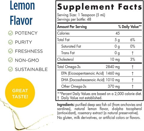 Nordic Naturals ProOmega Liquid, Lemon Flavor - 8 oz - 2840 mg Omega-3 - High Potency Fish Oil with EPA & DHA - Promotes Brain, Eye, Heart, & Immune Health - Non-GMO - 48 Servings in Saudi Arabia