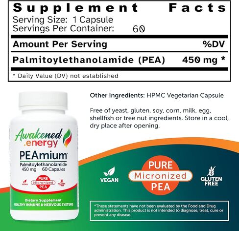 Palmitoylethanolamide 450mg Comfort Mobility Nerves Cognitive & Immune Support - Micronized High Absorption - All Natural PEA - USA Made - No Additives or Excipients - 30 Vegan Capsules Supplement in Saudi Arabia