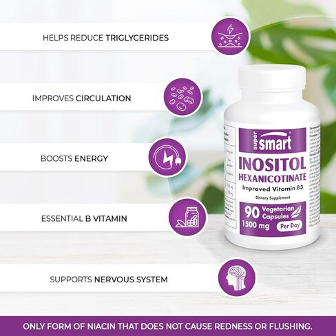 Supersmart - Inositol Hexanicotinate 1500 mg Per Day (IHN - Niacin) - Improved Vitamin B3 Supplement - Orthomolecular & No Flush | Non-GMO & Gluten Free - 90 Vegetarian Capsules in Saudi Arabia