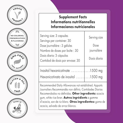Supersmart - Inositol Hexanicotinate 1500 mg Per Day (IHN - Niacin) - Improved Vitamin B3 Supplement - Orthomolecular & No Flush | Non-GMO & Gluten Free - 90 Vegetarian Capsules in Saudi Arabia