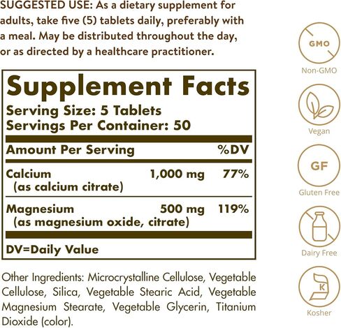 Solgar Calcium Magnesium Citrate, 250 Tablets - Supports Healthy Bones & Teeth - Musculoskeletal & Nervous System Support - Highly Absorbable - Non-GMO, Vegan, Gluten Free, Dairy Free - 50 Servings in Saudi Arabia