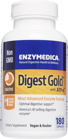 Enzymedica Digest Gold + ATPro، تركيبة إنزيمات ذات قوة قصوى، تمنع الانتفاخ والغازات، 14 إنزيمًا رئيسيًا بما في ذلك الأميليز والبروتياز والليباز واللاكتاز، 180 كبسولة (FFP) in Kuwait