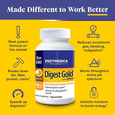 Enzymedica Digest Gold + ATPro، تركيبة إنزيمات ذات قوة قصوى، تمنع الانتفاخ والغازات، 14 إنزيمًا رئيسيًا بما في ذلك الأميليز والبروتياز والليباز واللاكتاز، 180 كبسولة (FFP) in Kuwait