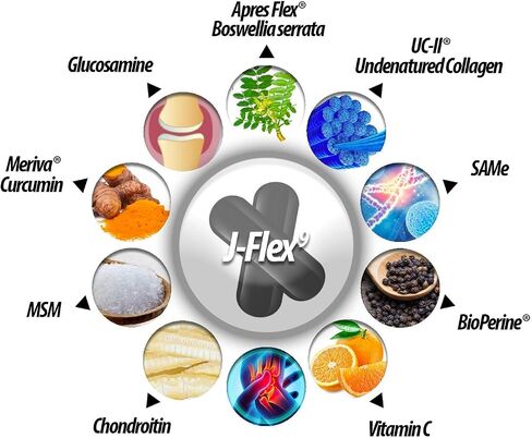 J-FLEX9 Advanced Joint Health Supplement + Cartilage Support & Tendon Function | Synergy of 9 Ingredients Including Chondroitin, Glucosamine, MSM, Curcumin, Boswellia Serrata, Collagen. Made in USA. in Saudi Arabia
