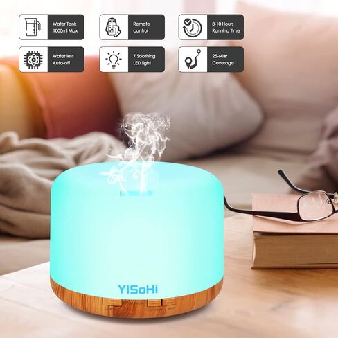موزع YiSoHi سعة 1000 مل مع جهاز تحكم عن بعد بخاصية إطلاق الروائح العلاجية، مرطب رذاذ بارد مع تصميم كتم الصوت وإغلاق ذاتي عند نفاذ المياه لغرفة المكتب والمعيشة in Kuwait