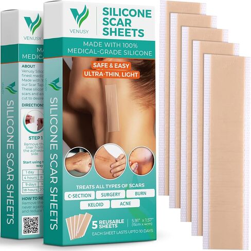 Medical Grade Silicone Scar Sheets – Silicone Gel Sheets for Scars - Self Adhesive, Thin, Breathable Silicone Scar Tape for Stretch Marks, Hypertrophic & Keloid Scar Removal, Pack of 5 (5.91" x 1.57") in Saudi Arabia
