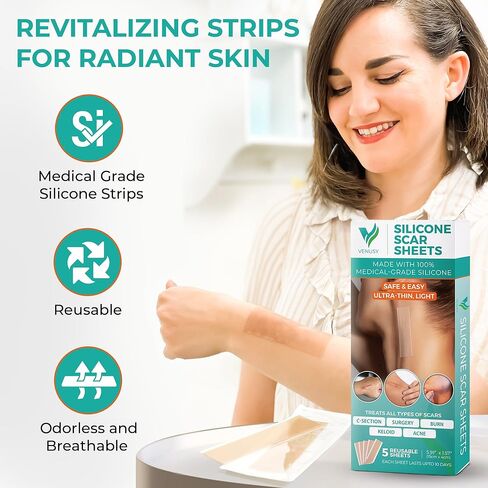 Medical Grade Silicone Scar Sheets – Silicone Gel Sheets for Scars - Self Adhesive, Thin, Breathable Silicone Scar Tape for Stretch Marks, Hypertrophic & Keloid Scar Removal, Pack of 5 (5.91" x 1.57") in Saudi Arabia
