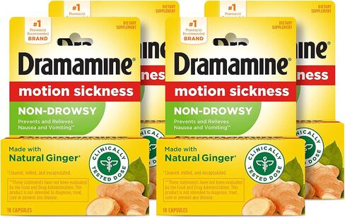 Dramamine Motion Sickness Relief, Non-Drowsy, Naturals with Ginger, 18 Ct. (Pack of 2) in Kuwait