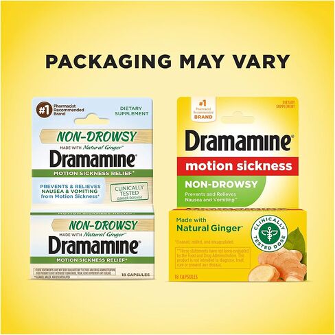 Dramamine Motion Sickness Relief, Non-Drowsy, Naturals with Ginger, 18 Ct. (Pack of 2) in Kuwait