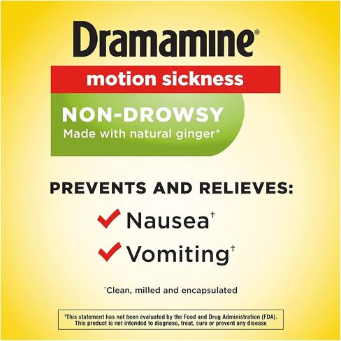 Dramamine Motion Sickness Relief, Non-Drowsy, Naturals with Ginger, 18 Ct. (Pack of 2) in Kuwait
