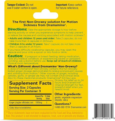 Dramamine Motion Sickness Relief, Non-Drowsy, Naturals with Ginger, 18 Ct. (Pack of 2) in Kuwait