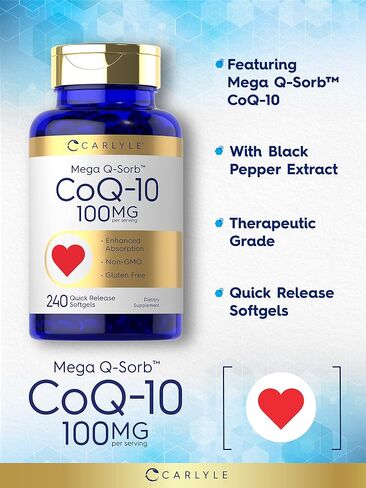 كارلايل CoQ10 100 مجم | 240 كبسولة هلامية | ميجا كيو سورب أنزيم Q-10 | بخلاصة الفلفل الأسود | غير معدّل وراثيًا، وخالي من الغلوتين in Saudi Arabia