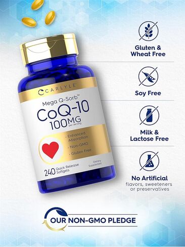 كارلايل CoQ10 100 مجم | 240 كبسولة هلامية | ميجا كيو سورب أنزيم Q-10 | بخلاصة الفلفل الأسود | غير معدّل وراثيًا، وخالي من الغلوتين in Saudi Arabia