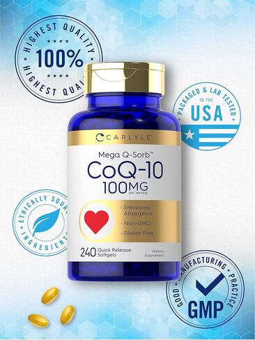 كارلايل CoQ10 100 مجم | 240 كبسولة هلامية | ميجا كيو سورب أنزيم Q-10 | بخلاصة الفلفل الأسود | غير معدّل وراثيًا، وخالي من الغلوتين in Saudi Arabia