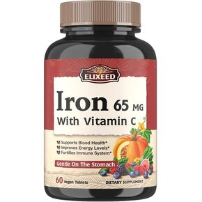 Elixeed Iron Tablets for Women & Men, 65 mg of Elemental Iron with VC, Gentle & Well-Absorbed, Blood Health, Energy Support, Vegan-Friendly, 60 Tablets, Non-GMO, No Gluten in Kuwait