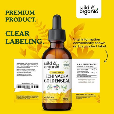 Echinacea Goldenseal Drops - Organic Echinacea Goldenseal Root Liquid Extract - Herbal Supplement - Vegan, Alcohol Free Tincture - 2 fl oz in Kuwait