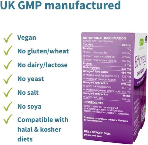 إشيوميجا نباتي ثلاثي أوميغا 3 6 9 500 مجم، زيت بذور الإيتشيوم، مكمل EFA للنساء مع GLA، 60 كبسولة هلامية in Kuwait