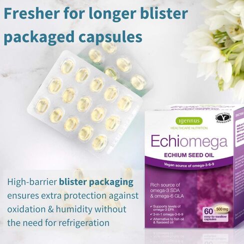 إشيوميجا نباتي ثلاثي أوميغا 3 6 9 500 مجم، زيت بذور الإيتشيوم، مكمل EFA للنساء مع GLA، 60 كبسولة هلامية in Kuwait