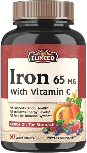 Elixeed Iron Tablets for Women & Men, 65 mg of Elemental Iron with VC, Gentle & Well-Absorbed, Blood Health, Energy Support, Vegan-Friendly, 60 Tablets, Non-GMO, No Gluten in Kuwait