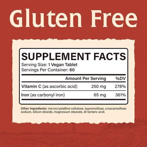 Elixeed Iron Tablets for Women & Men, 65 mg of Elemental Iron with VC, Gentle & Well-Absorbed, Blood Health, Energy Support, Vegan-Friendly, 60 Tablets, Non-GMO, No Gluten in Kuwait