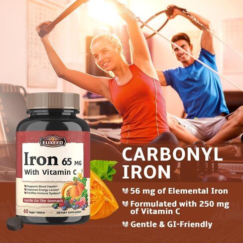 Elixeed Iron Tablets for Women & Men, 65 mg of Elemental Iron with VC, Gentle & Well-Absorbed, Blood Health, Energy Support, Vegan-Friendly, 60 Tablets, Non-GMO, No Gluten in Kuwait