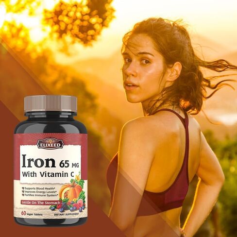 Elixeed Iron Tablets for Women & Men, 65 mg of Elemental Iron with VC, Gentle & Well-Absorbed, Blood Health, Energy Support, Vegan-Friendly, 60 Tablets, Non-GMO, No Gluten in Kuwait