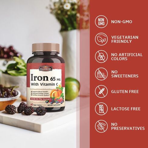 Elixeed Iron Tablets for Women & Men, 65 mg of Elemental Iron with VC, Gentle & Well-Absorbed, Blood Health, Energy Support, Vegan-Friendly, 60 Tablets, Non-GMO, No Gluten in Kuwait